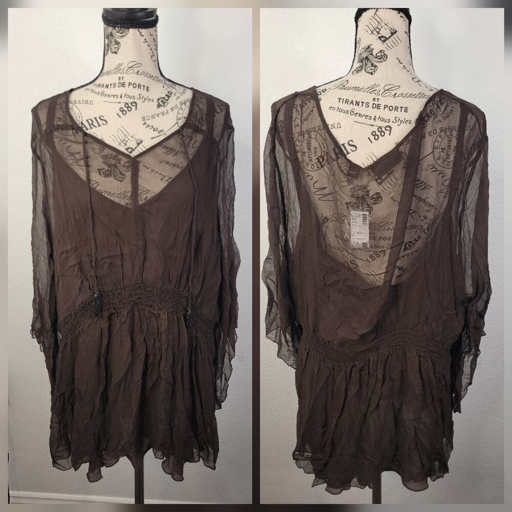 Avenue 26/28 Silk Fairy Tunic Top Boho Tassel Tiered Babydoll Chocolate Brown